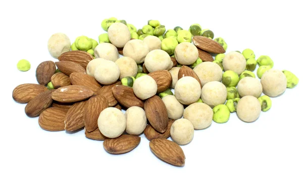 Amandes Mélangées Arachides Pois Verts Sur Fond — Photo