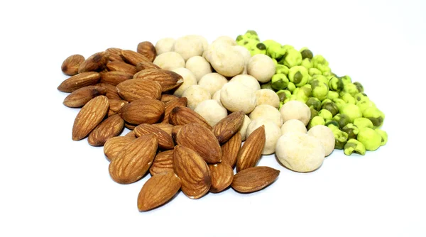 Mixed Almonds Peanuts Green Peas Background — Stock Photo, Image