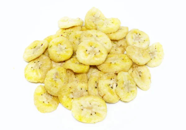 Szárított Banán Chips Háttér Egészséges Gyümölcs Élelmiszer — Stock Fotó