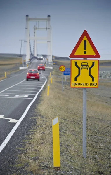 Single-lane bridge traffic sign near Joekulsarlon glacier lagoon, Southern Iceland