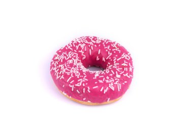 Pembe kremalı ve beyaz tozlu yuvarlak bir donut 