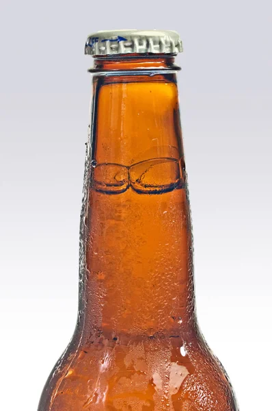 Μπουκάλι Μπύρας Που Ακουμπά Ένα Κρεβάτι Του Πάγου — Φωτογραφία Αρχείου