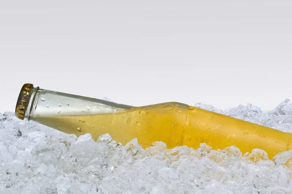 Garrafa Cerveja Pálida Descansando Gelo Picado Frio Pingando Com Orvalho — Fotografia de Stock