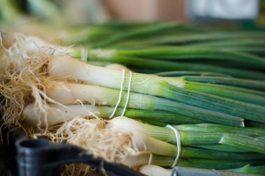 Marketteki kutuda taze pırasa, yakın.