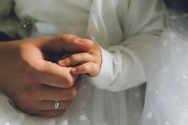 Father Holds Hands His One Year Old Baby Girl Close — Stock Photo, Image