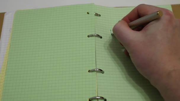 Aus nächster Nähe. Die Hand schreibt mit einem Füllfederhalter ins Tagebuch, einen Plan für den Tag, grünes Papier