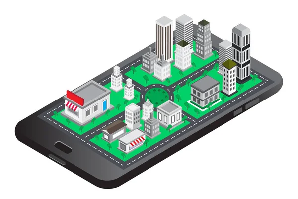 smart phone with modern city isometric construction intelligent building of perspective with across road and tree along on street vector illustration