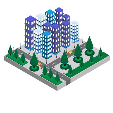 izometrik tasarım şehrin yeşil ağaç ve araba sokak ve hafif vektör çizim şablonu ile 3D bina