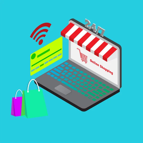 pazarlama online alışveriş modern tasarım konsepti ile dizüstü mağaza ve çanta, vektör çizim şablon arka plan