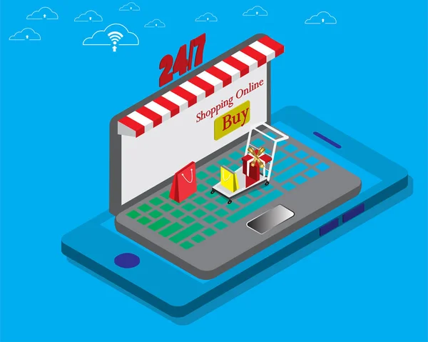 Dizüstü bilgisayar ve akıllı telefon vektör çizim şablon arka plan deposuyla alışveriş online modern tasarım tam renkli