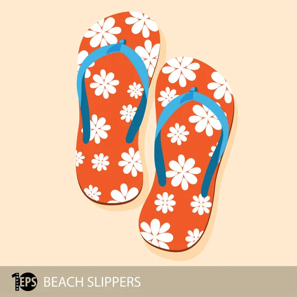 Par Zapatillas Playa Naranja Con Flores Ilustración Vectorial — Archivo Imágenes Vectoriales