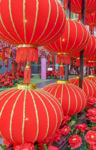 Lanternas Vermelhas Chinesas São Simbólicas Para Seu Fundo Religioso Cultural — Fotografia de Stock