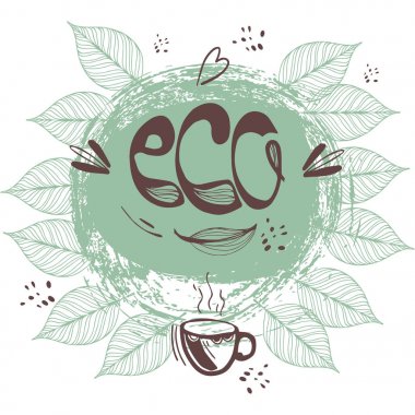 Fincan çay, Eko yaprakları ile yuvarlak bir arka plan. 