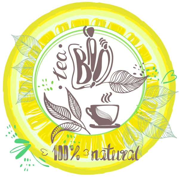 Coppia di tè bio disegnato a mano, foglie di tè, cubo. Illustrazione vettoriale — Vettoriale Stock