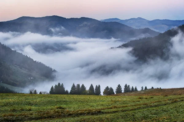 秋天的日出在喀尔巴泰山脉 风景如画的雾蒙蒙的早晨 — 图库照片