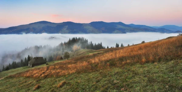 Mlhavé Ráno Karpatských Horách Podzimní Mlhavé Svítání — Stock fotografie
