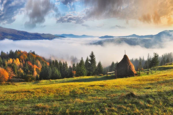 Herbstsonnenaufgang Nebliger Morgen Den Karpaten — Stockfoto