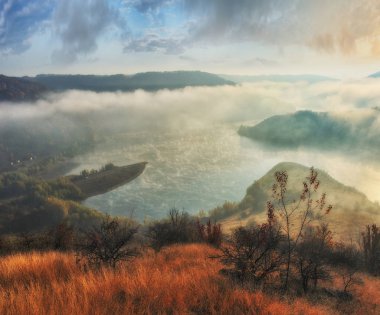pitoresk bir nehir sisli Kanyonu. sisli sonbahar sabahı