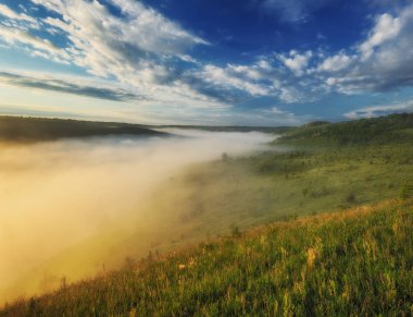 pitoresk bir nehir sisli Kanyonu. bahar şafak