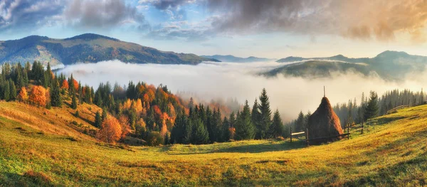 Malerischer Sonnenaufgang Den Karpaten Herbstnebel Morgen — Stockfoto