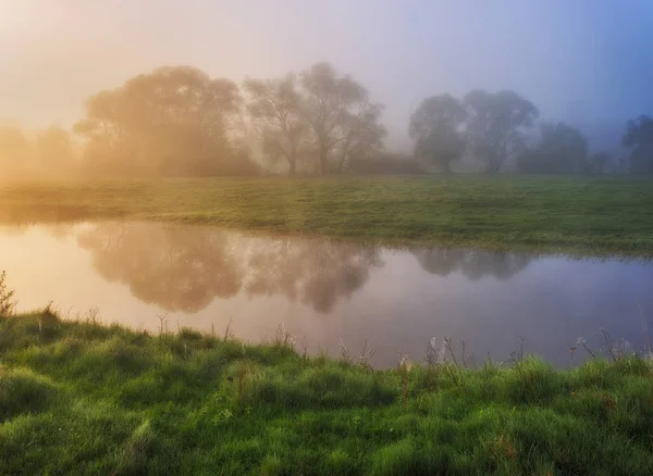 Άνοιξη Πρωί Κοιλάδα Του Γραφικού Ποταμού Άνοιξη Ομίχλης — Φωτογραφία Αρχείου