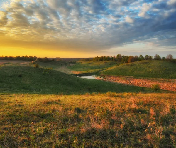 Sisli vadide bahar sabahı doğal gündoğumu. Sisli sabah