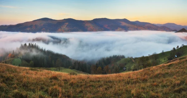 秋天的早晨 在喀尔巴泰山脉的雾蒙蒙的日出 风景如画的早晨 — 图库照片