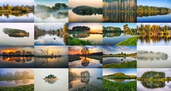 Collection Photos Rivers Reflection Coast Set Collage — Stock Photo, Image
