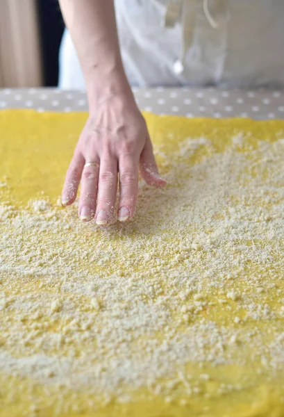 Mains Féminines Saupoudrer Pâte Ronde Sur Table — Photo