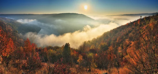 Nebel Der Schlucht Herbstmorgen Tal Des Flusses Dnjestr — Stockfoto