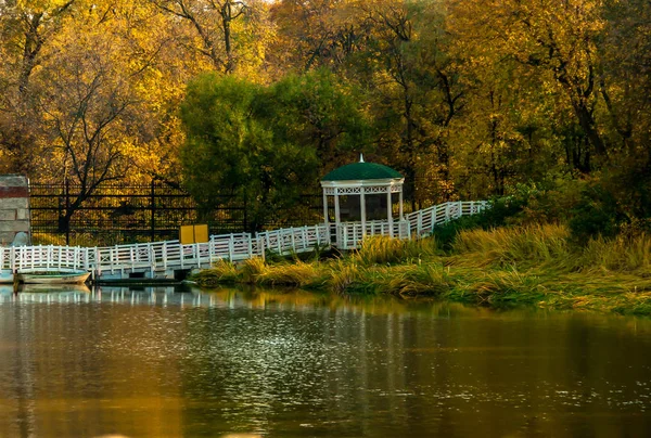 Sonbahar ağaçları ile göle yansıtan bir beyaz ahşap pergola