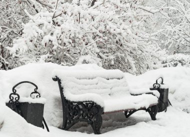 Kar yağışı sırasında karla kaplı bir park bankında