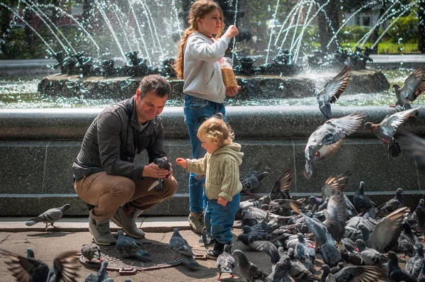 Ein Mann Mit Seinen Kindern Beim Taubenfüttern — Stockfoto