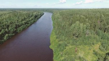 Taiga 'daki orman nehri yükseklikten uçuyor.