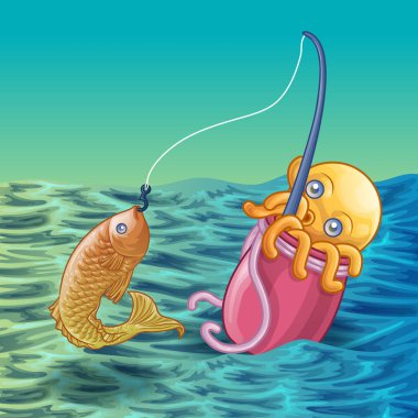 Squid karikatür tarzında balıkçılık.