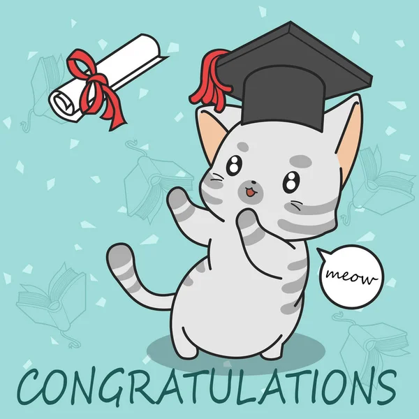 Graduation Cute Cat Cartoon Style — Stock Vector