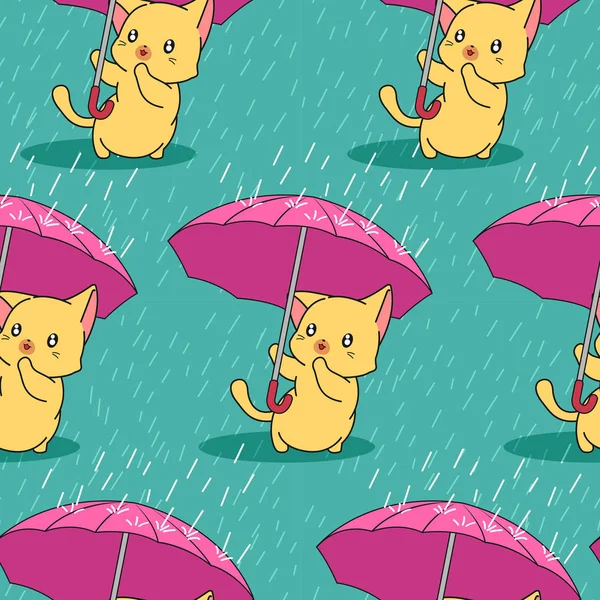 雨の日のパターンで傘とシームレスなかわいい猫 — ストックベクタ