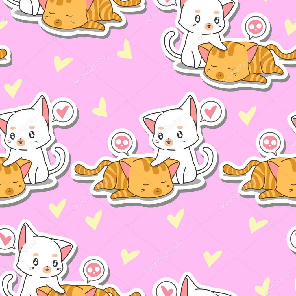 Seamless 2 cute cats is taking care its friend pattern.