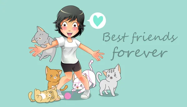 女の子と多くの猫の友情 — ストックベクタ