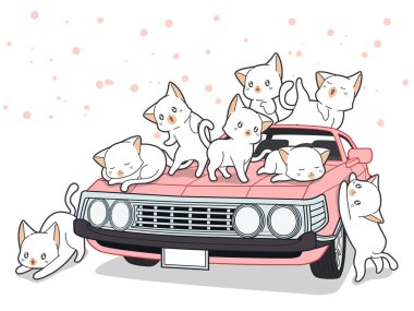 Karikatür tarzında çizilmiş kawaii kedi ve pembe araba.