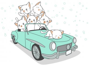 Mavi arabada çizilmiş kawaii kediler.