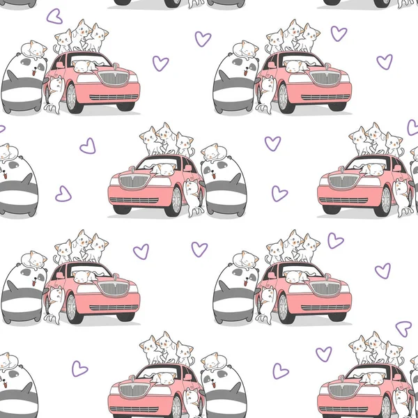 Бесшовные Нарисованные Кошки Кавайи Панда Розовым Рисунком Автомобиля — стоковый вектор