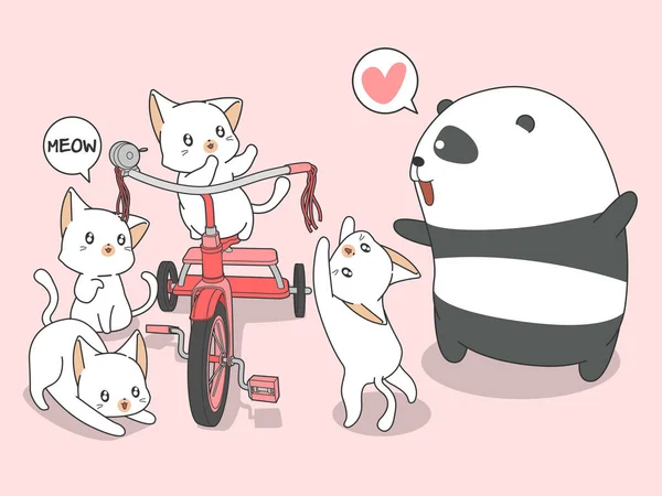 Kawaii Panda Und Katzen Mit Dreirad Cartoon Stil — Stockvektor