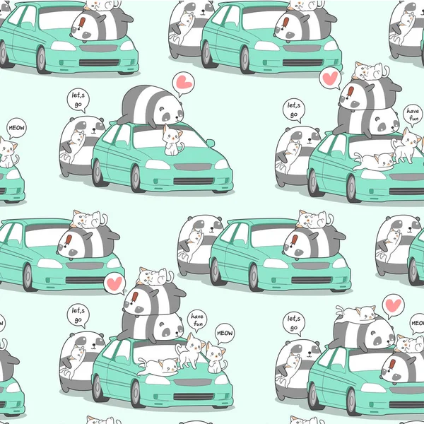 Tatil Desen Araba Ile Dikişsiz Kawaii Panda Kediler — Stok Vektör