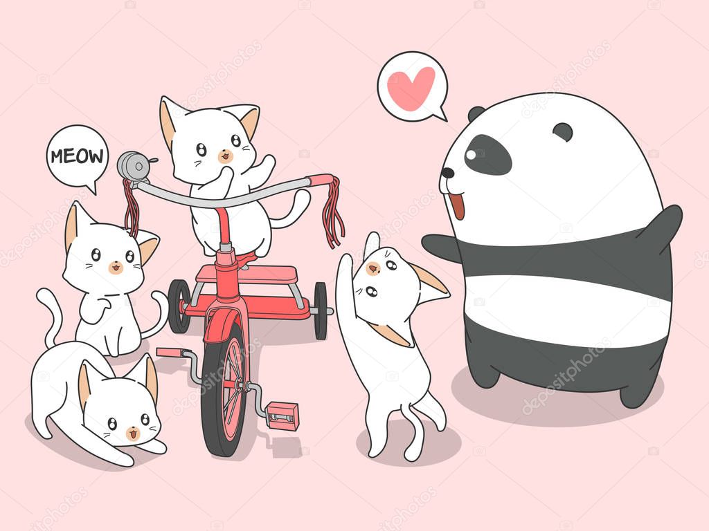 Kawaii panda and cats with tricycle in cartoon style.