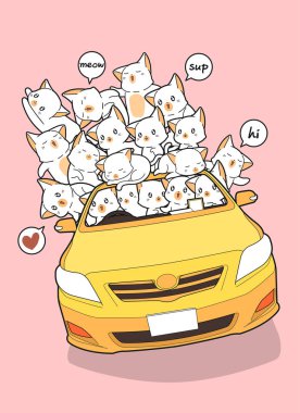 sarı arabada çizilmiş kawaii kediler.