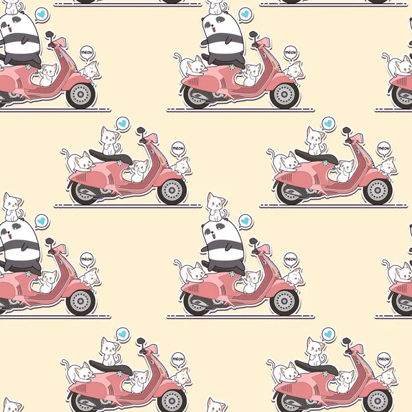 Seamless Rider Panda Cute Cats Pink Motorcycle Pattern — Stock Vector