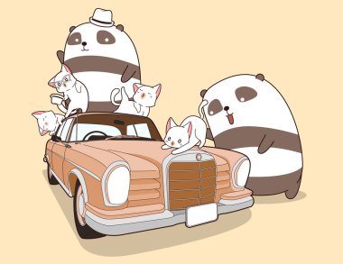 Kawaii pandalar ve Vintage araba ile kediler
