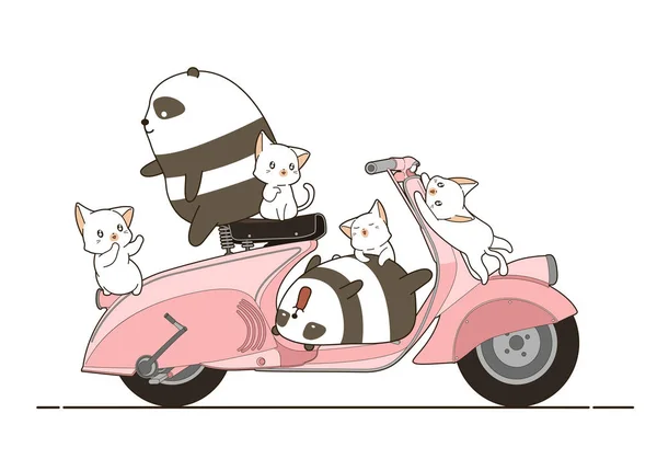 Pandas Gatos Com Moto Estilo Cartoon —  Vetores de Stock