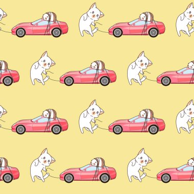 Dikişsiz çizilmiş Kawaii kedi pembe spor araba deseni taşımıyor